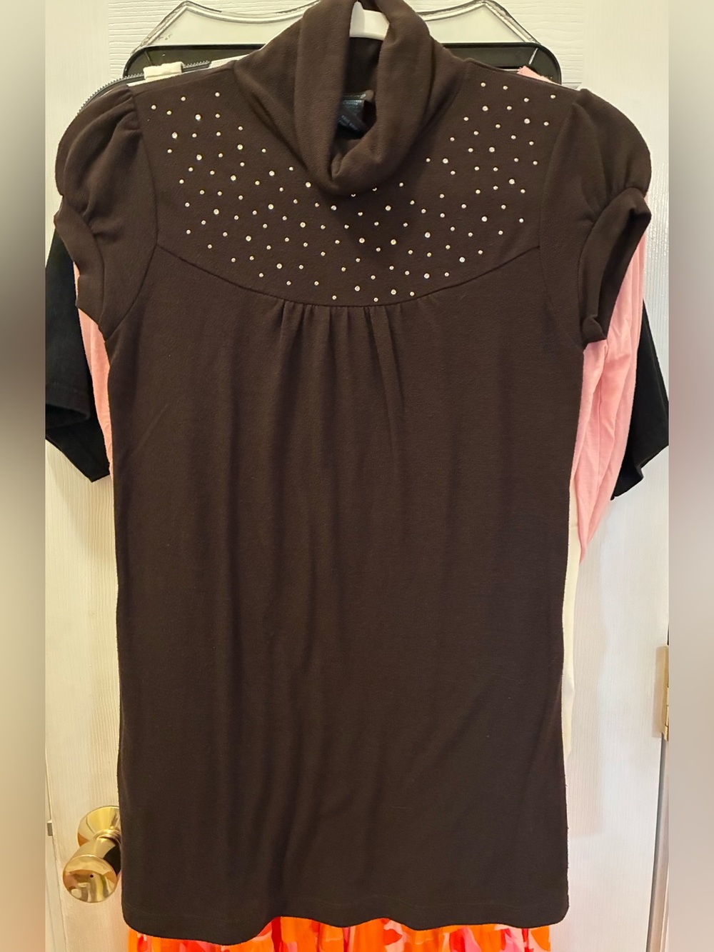 Vintage Timing Chocolate Brown Short-Sleeve Cowl Neck Tunic with Bedazzling
